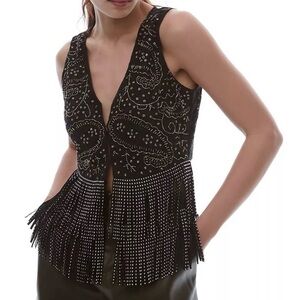 Anthropologie Verb Pallavi Singhee Beaded Fringe Vest Sz M/L Black Boho Festival